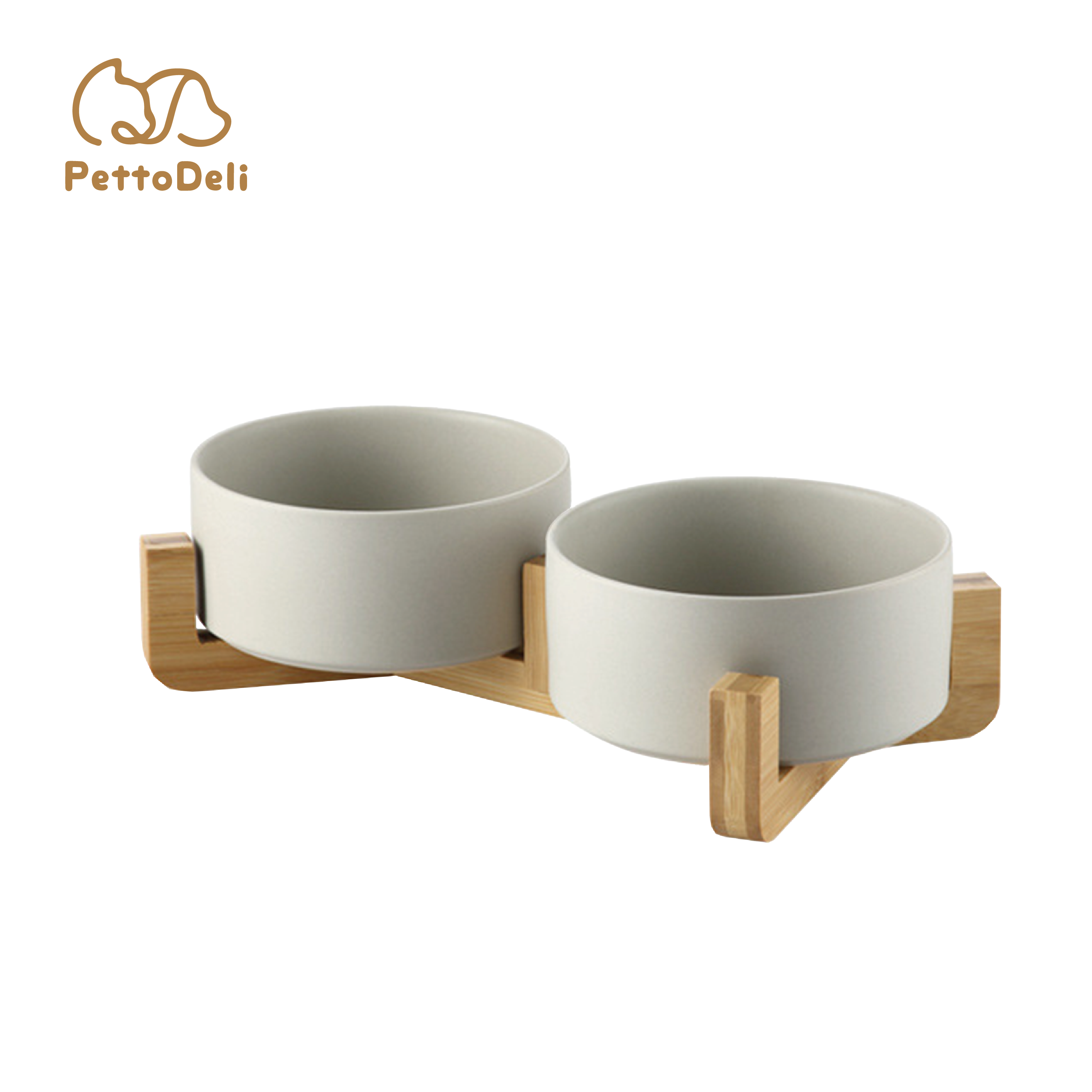 PettoDeli | 15.5cm啞面 陶瓷製雙碗 連木架 (灰色)（710010）