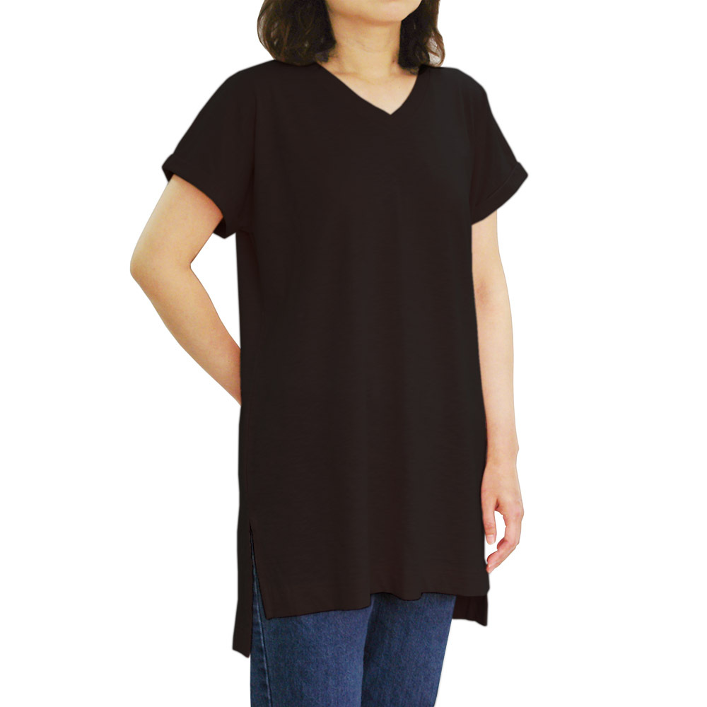 有機棉女竹節V領短袖長版T-黑色F | 藍天畫布有機棉