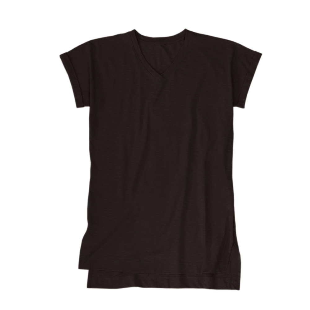 有機棉女竹節V領短袖長版T-黑色F | 藍天畫布有機棉