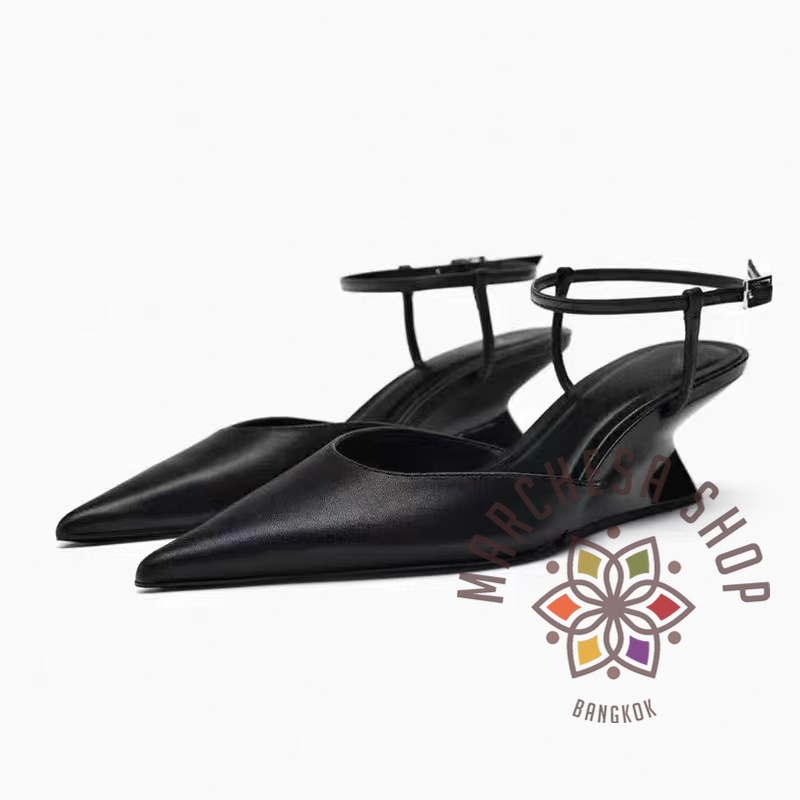 S3123 - 牛皮純色圈帶尖頭高踭涼鞋