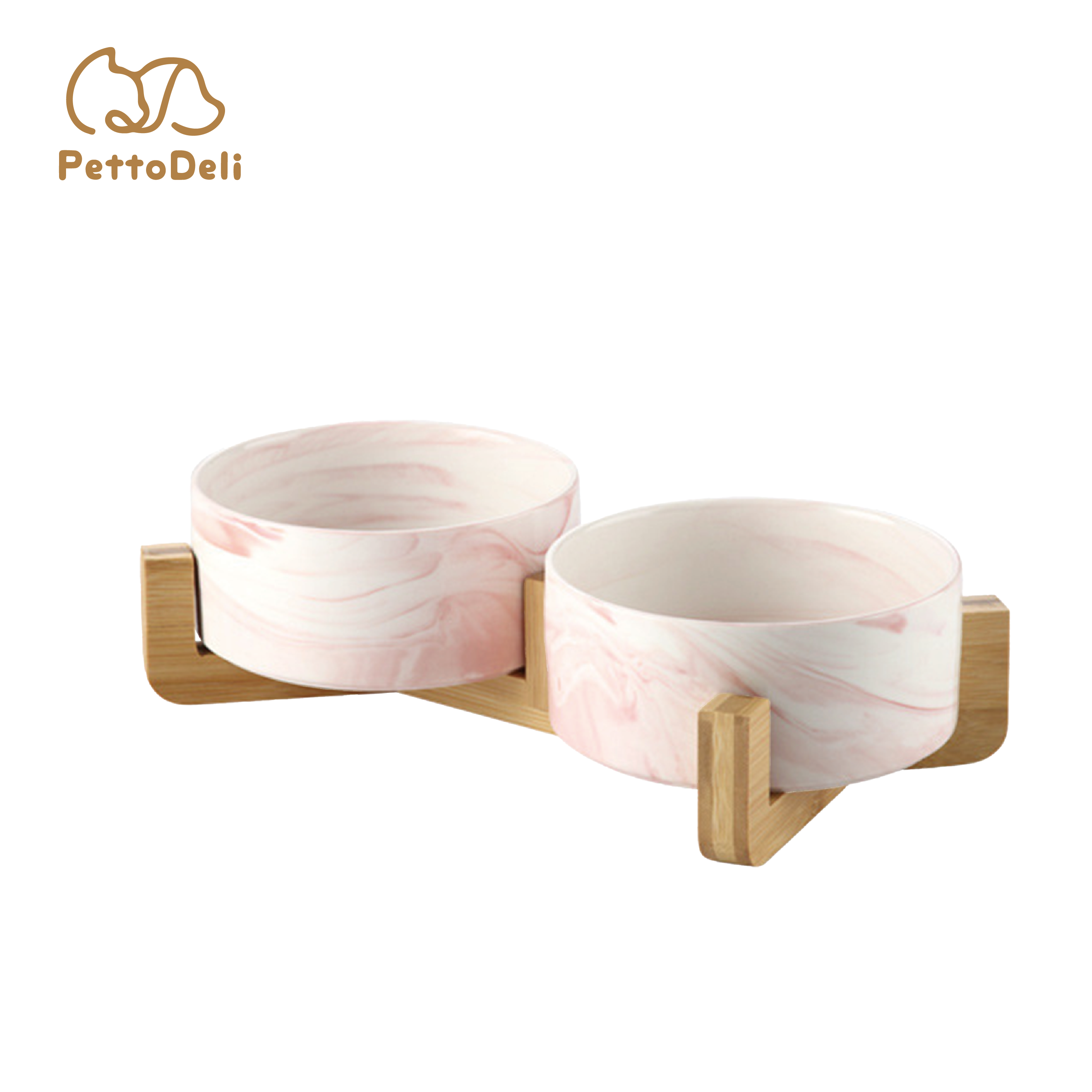 PettoDeli | 13cm 大理石紋雙碗 連木架 (粉紅色)（710016）