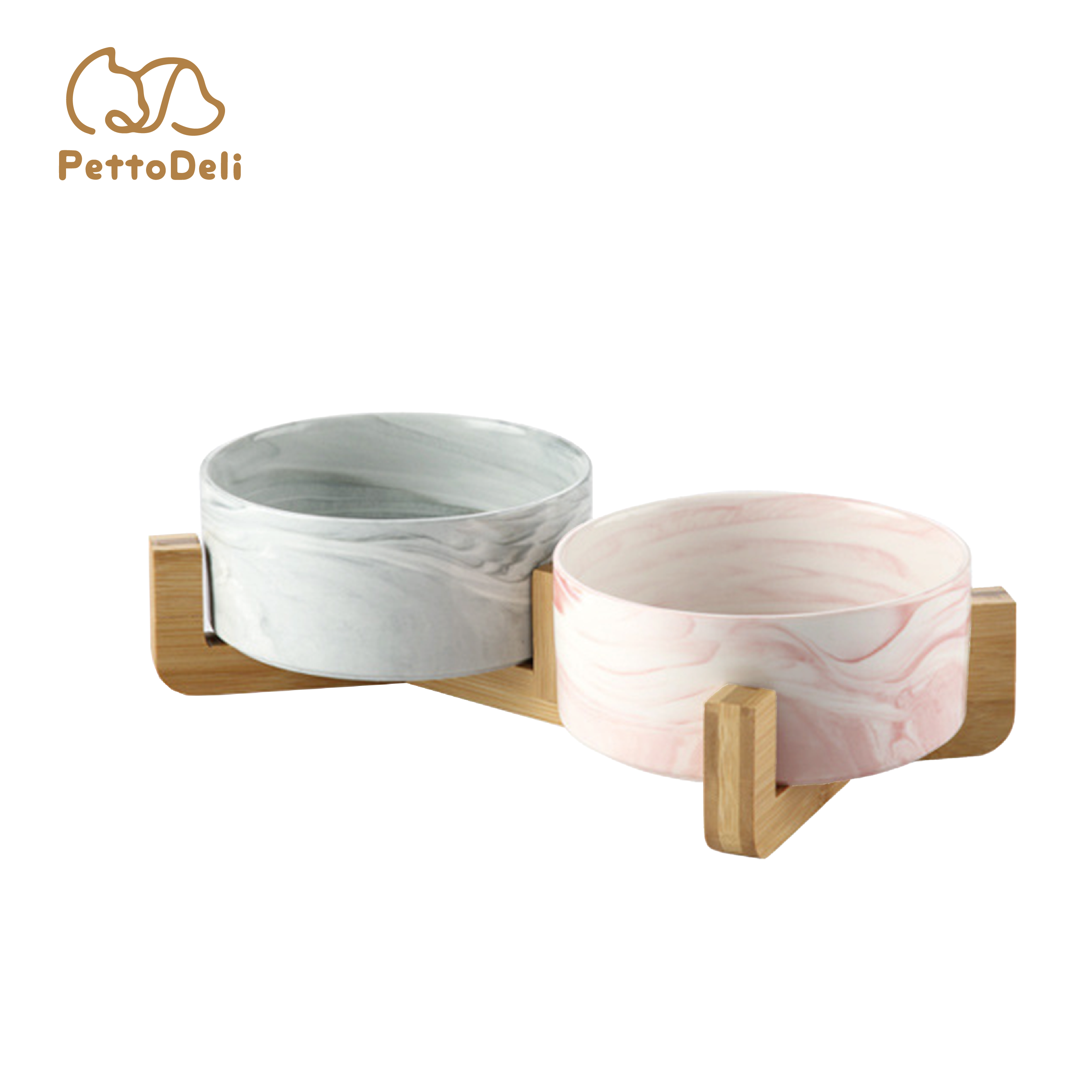 PettoDeli | 13cm 大理石紋雙碗 連木架 (粉紅色 & 灰色)（710017）