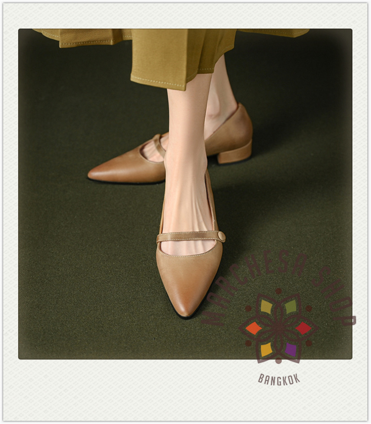 S3124 - 全真皮頭層牛皮水磨一字帶尖頭平底鞋