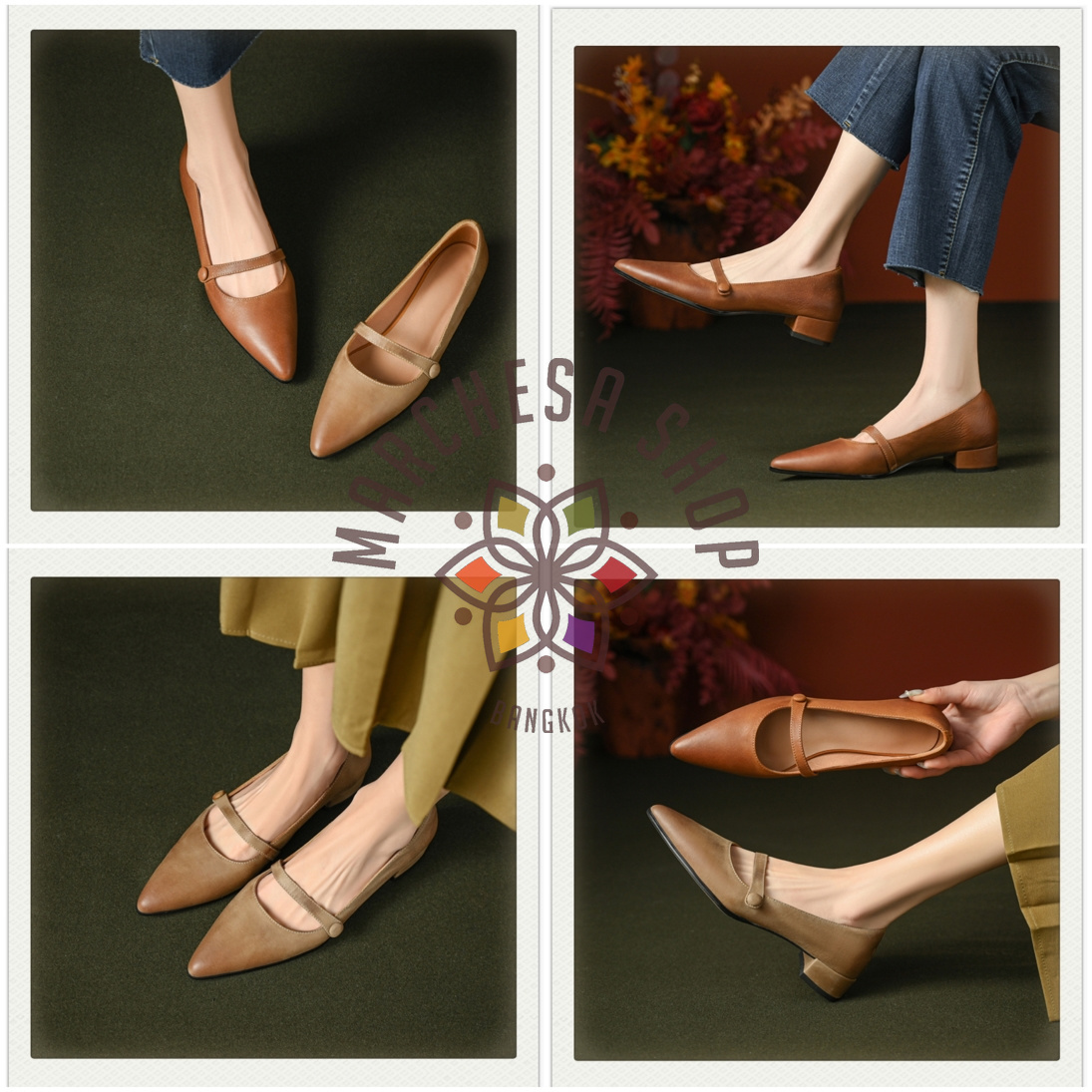 S3124 - 全真皮頭層牛皮水磨一字帶尖頭平底鞋