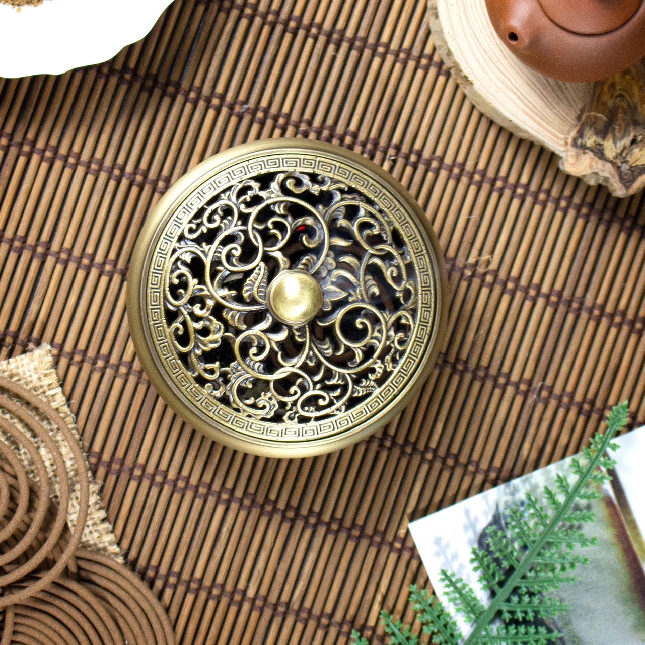 純黃銅古藤盤香爐