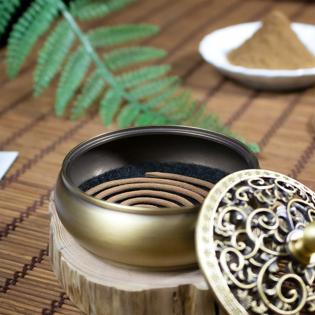 純黃銅古藤盤香爐