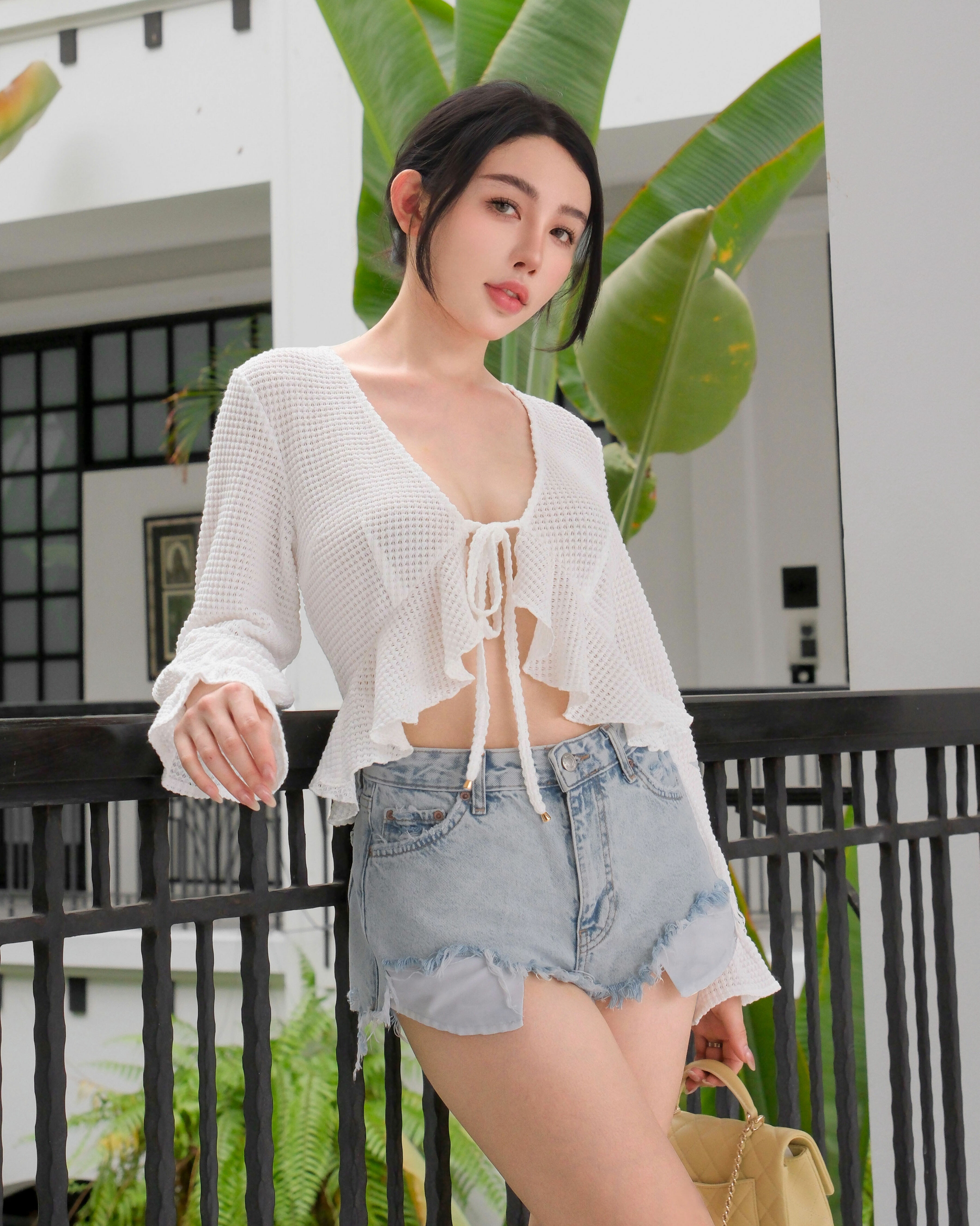 訂製-渡假荷葉鏤空針織衫