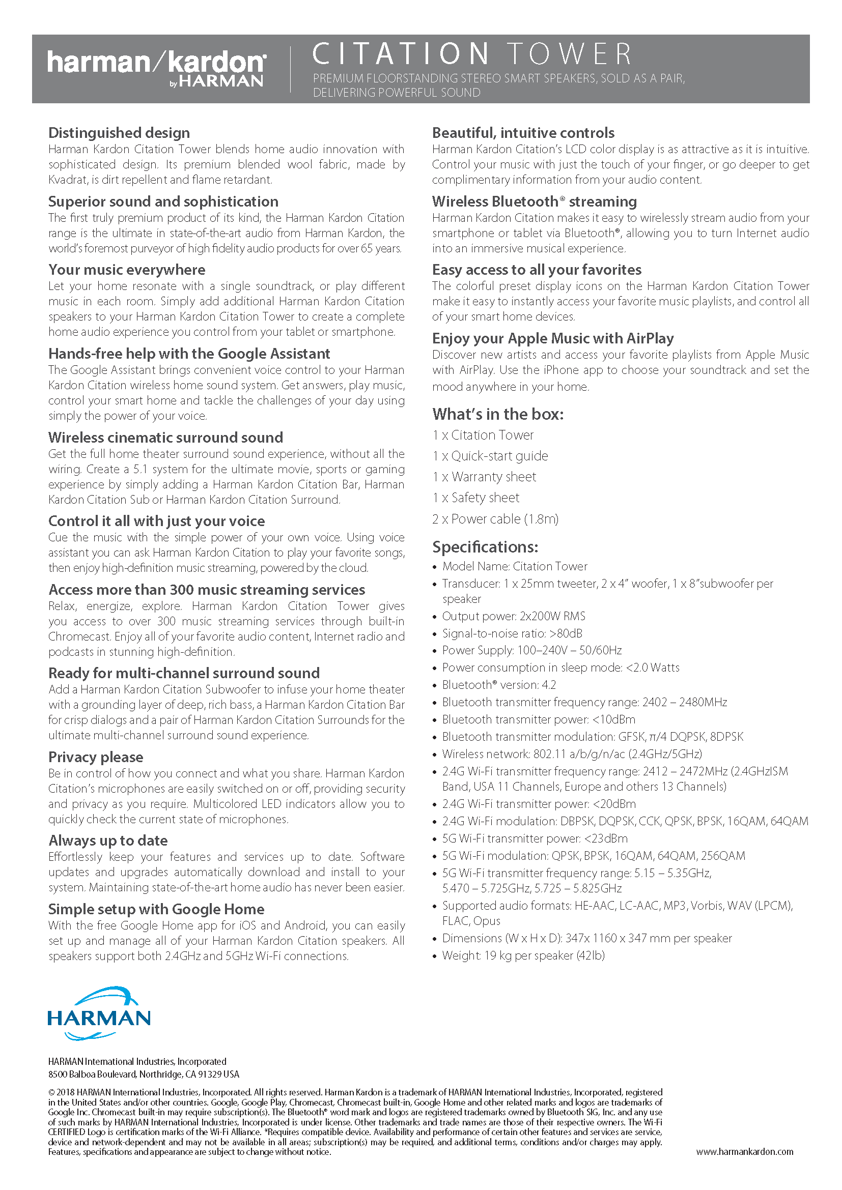 Harman Kardon Citation Tower Specification 2