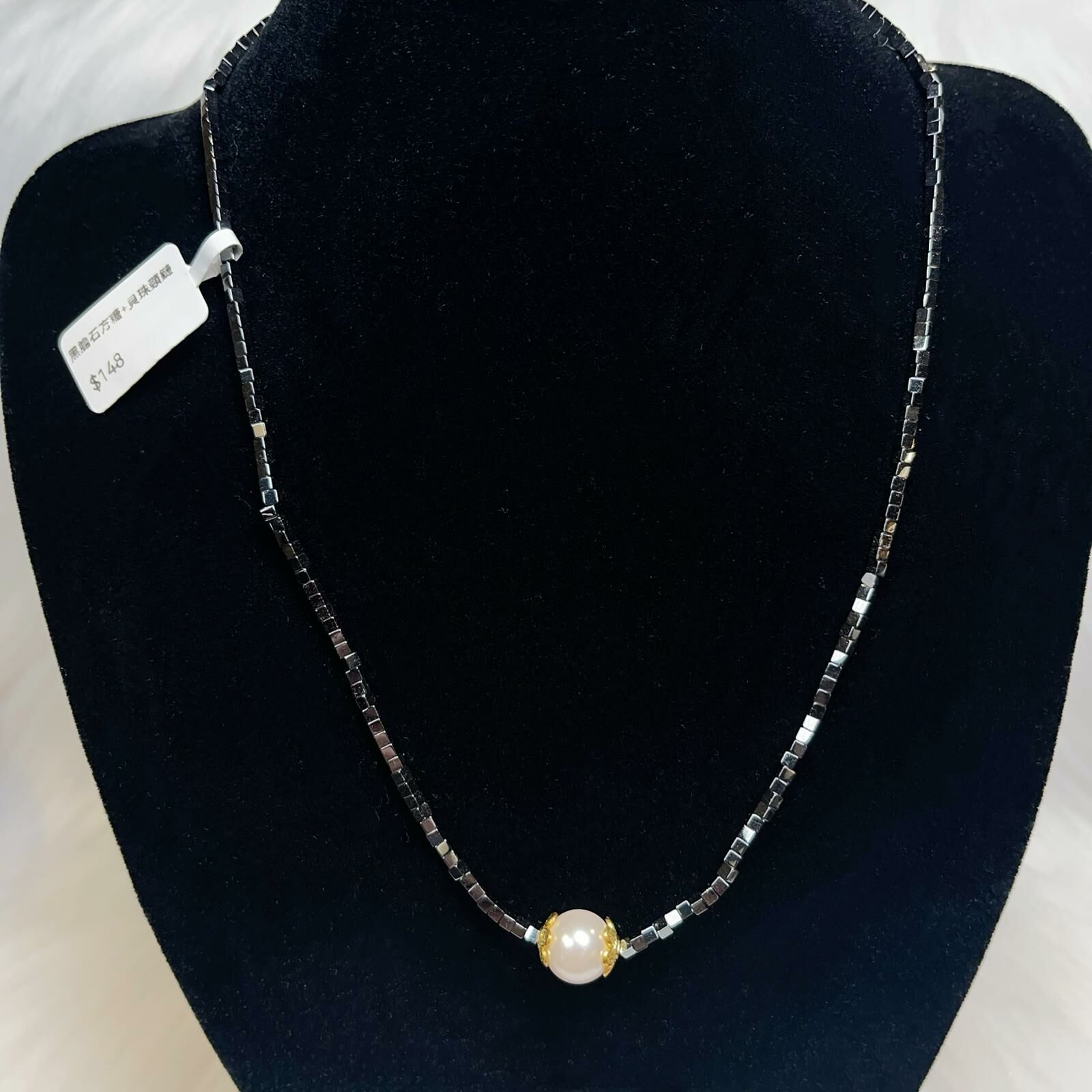 黑膽石方糖加貝珠頸鏈 CN833