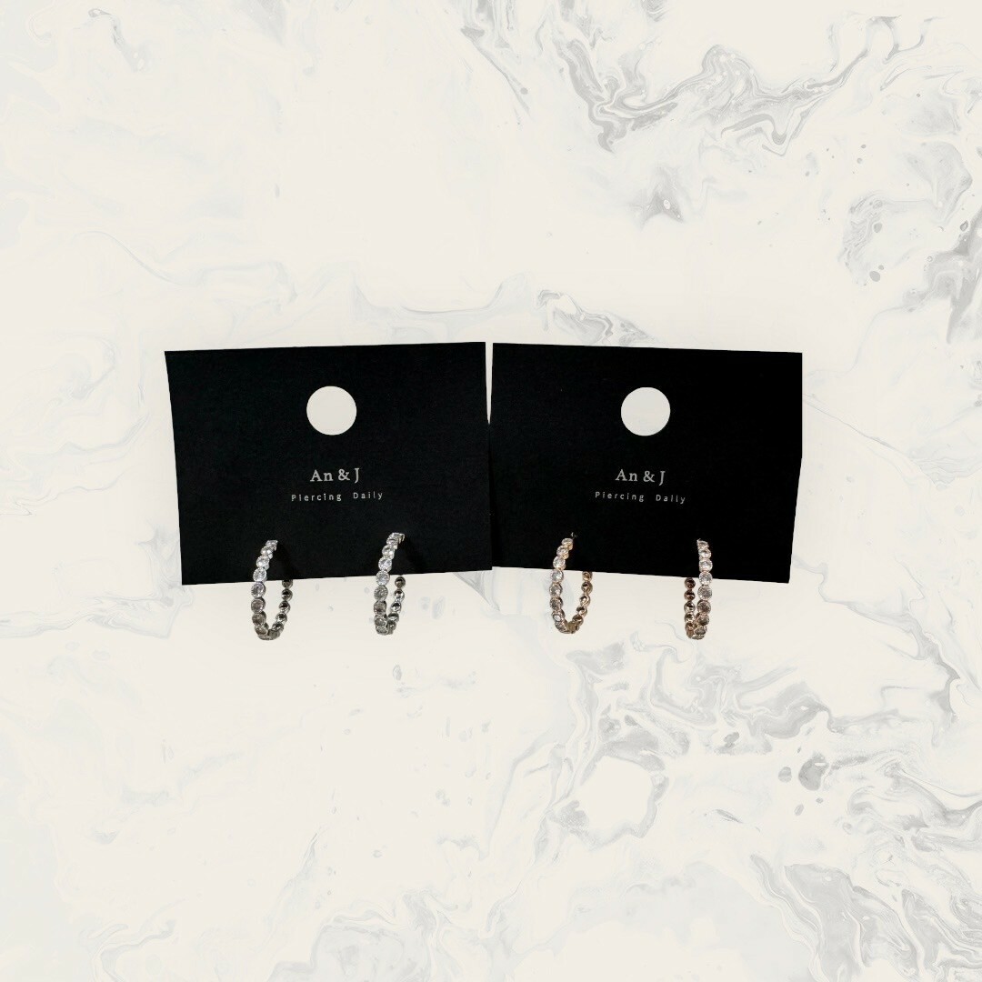 韓國直送-銀針 排列圓框鋯大C圈 鍍14K