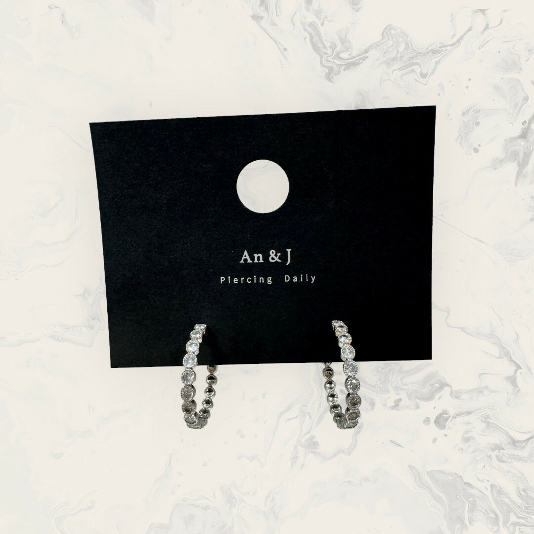 韓國直送-銀針 排列圓框鋯大C圈 鍍14K