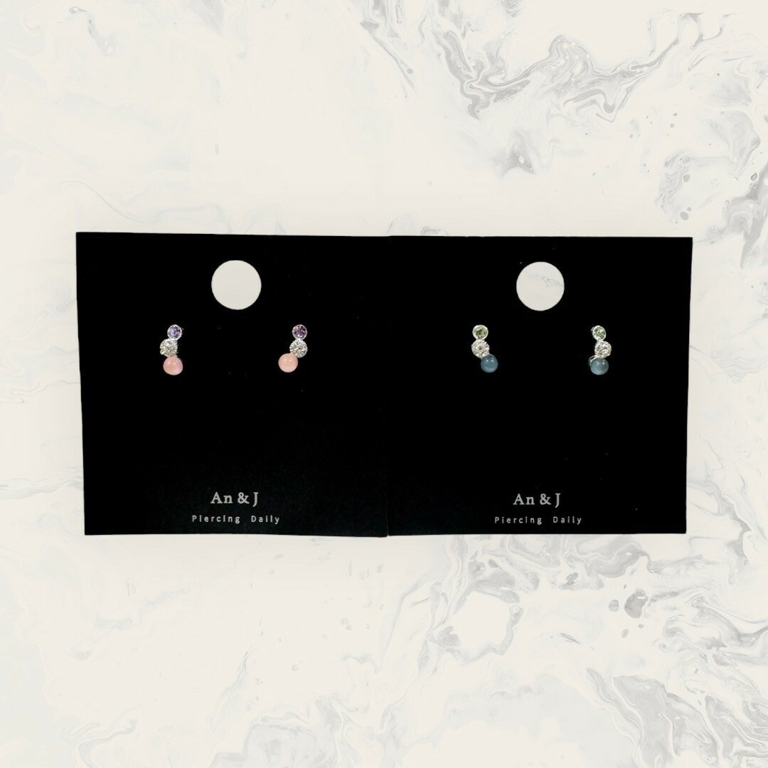 韓國直送-銀針 三連銀框紫鋯+滿鋯球+粉晶球