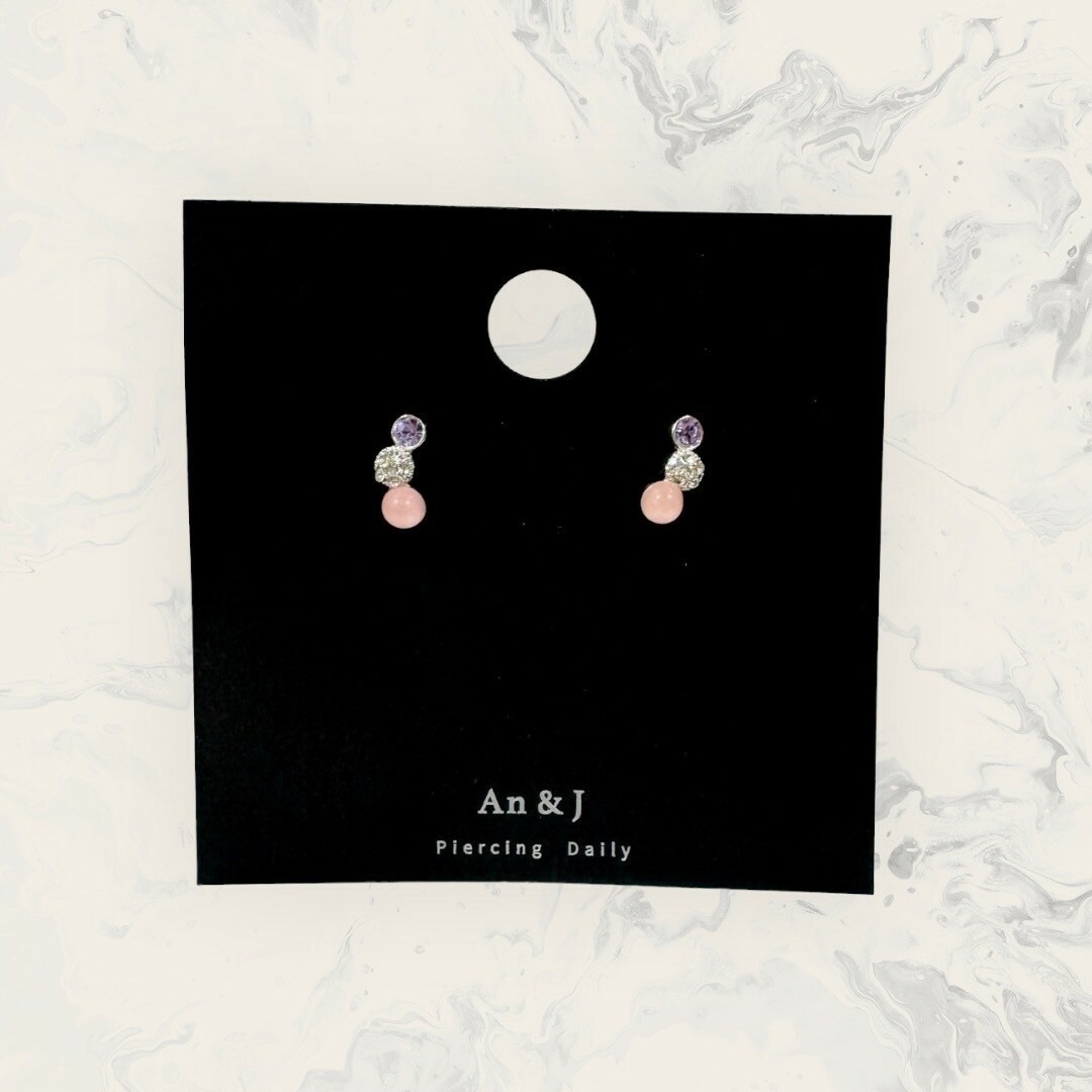 韓國直送-銀針 三連銀框紫鋯+滿鋯球+粉晶球