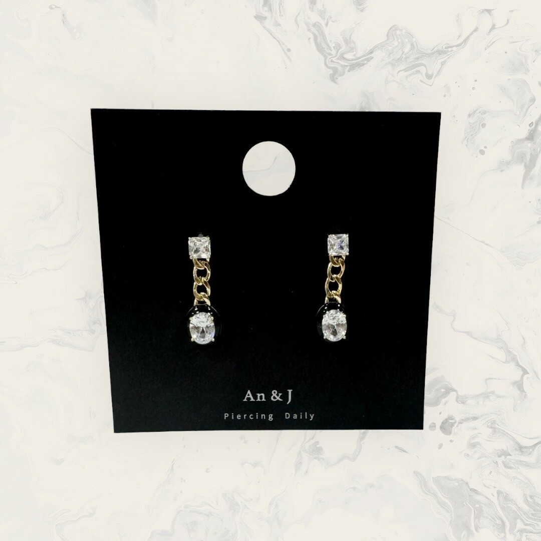 韓國直送-銀針 四點方鋯吊金粗鍊下黑框中橢圓鋯 鍍14K