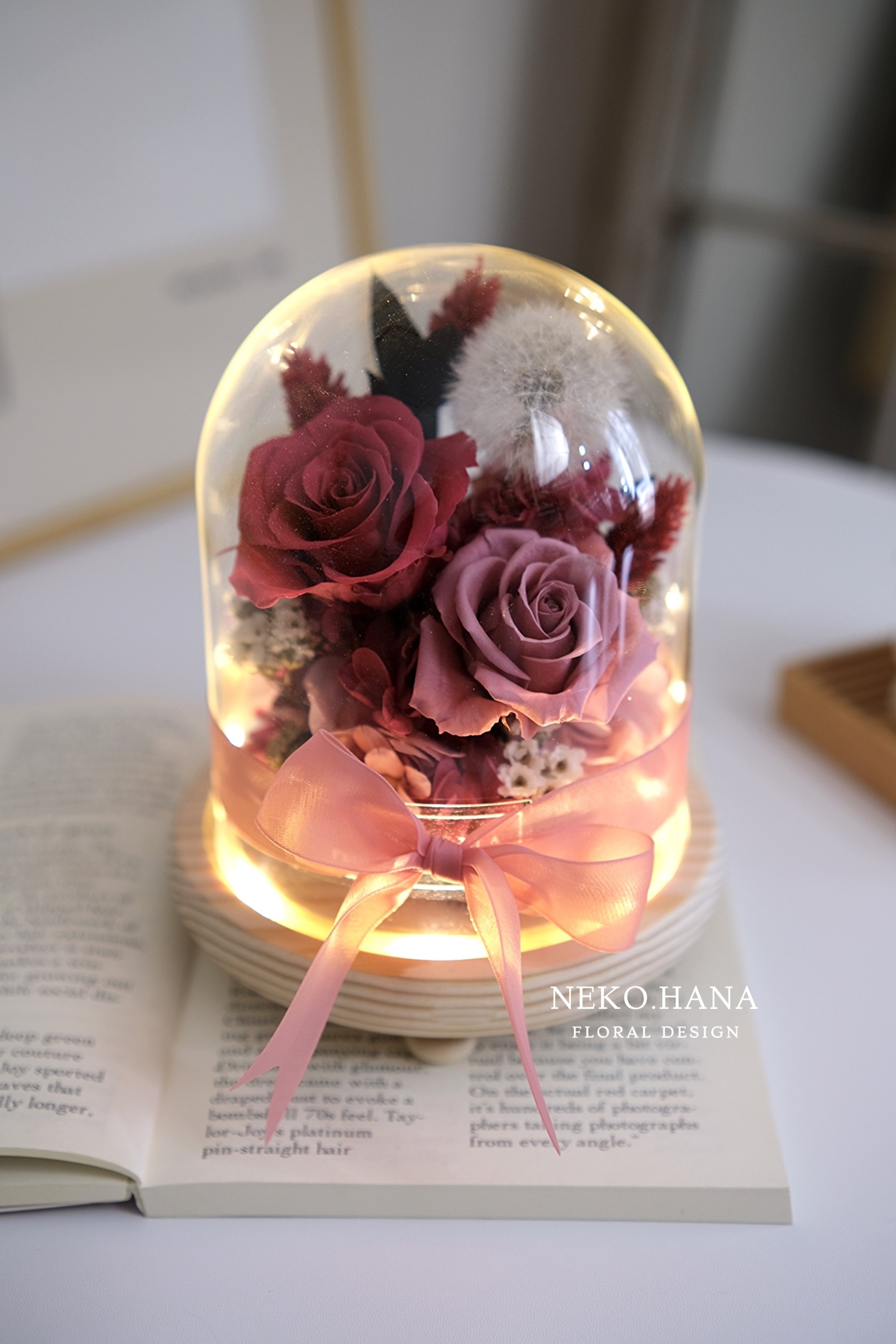 桃紅玫瑰永生蒲公英夜燈