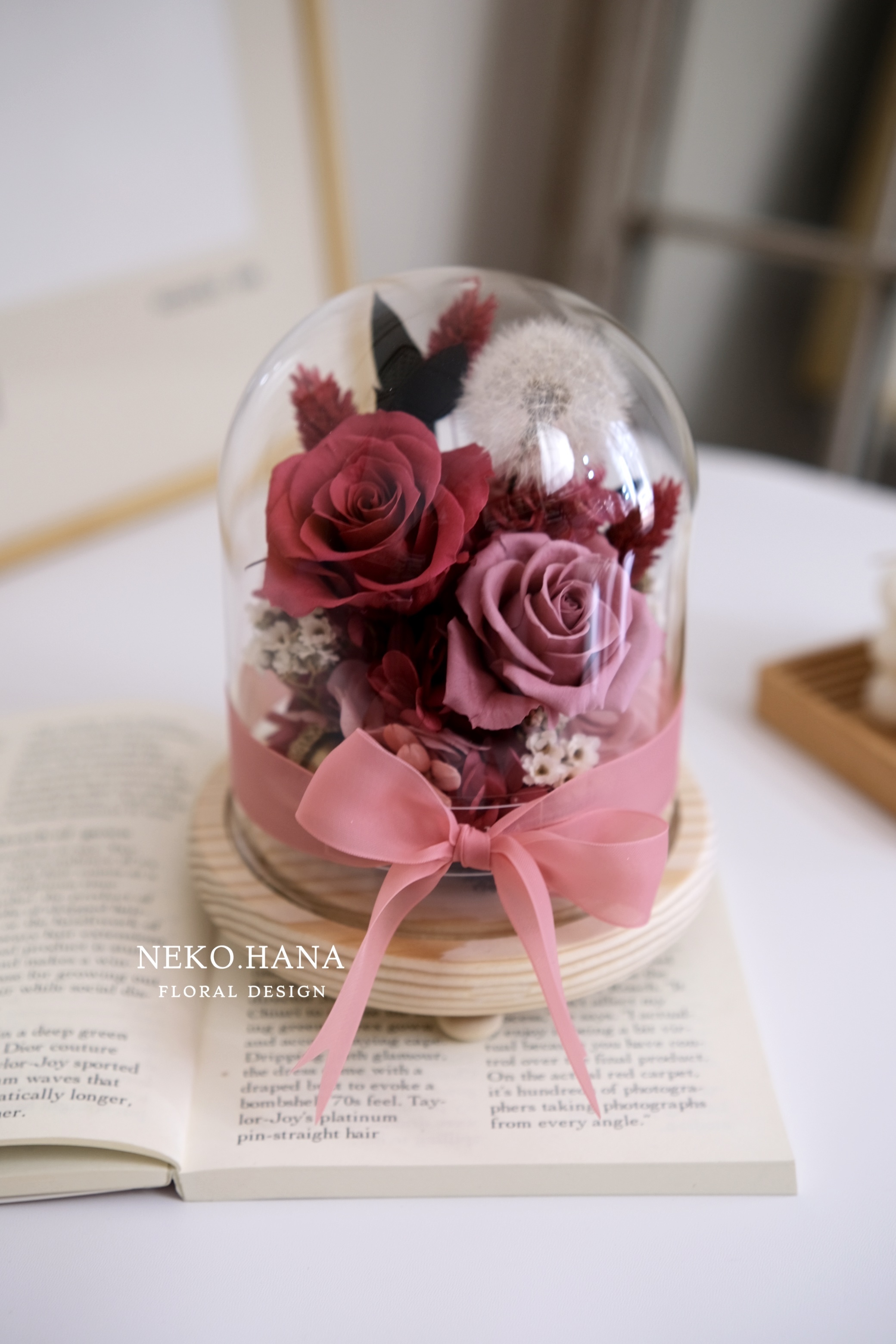 桃紅玫瑰永生蒲公英夜燈