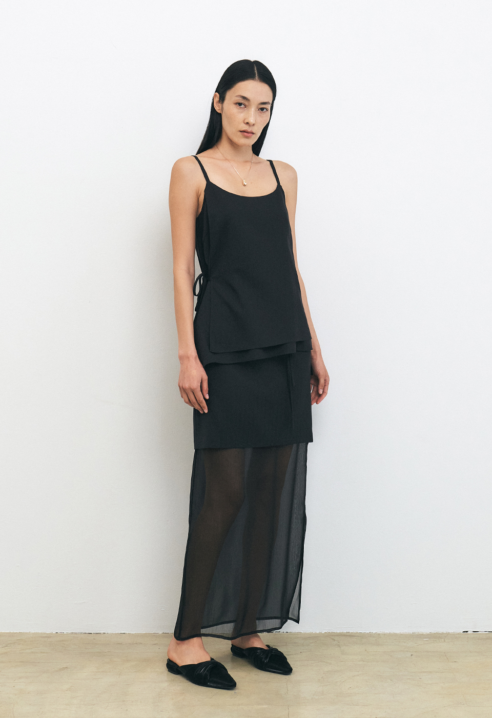 亞麻透膚拼接長裙