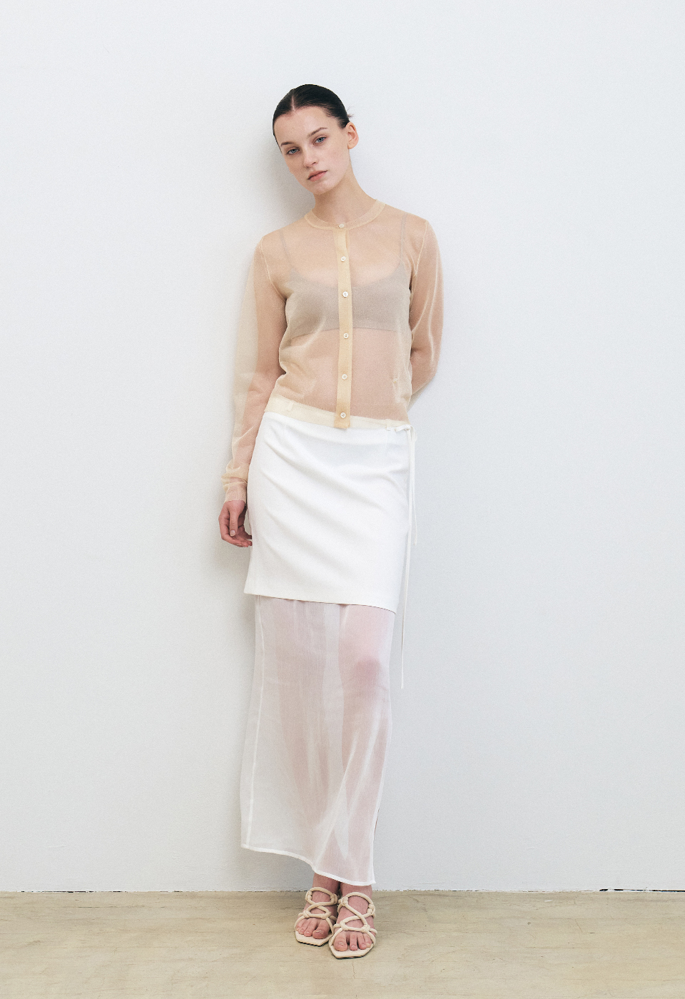 亞麻透膚拼接長裙