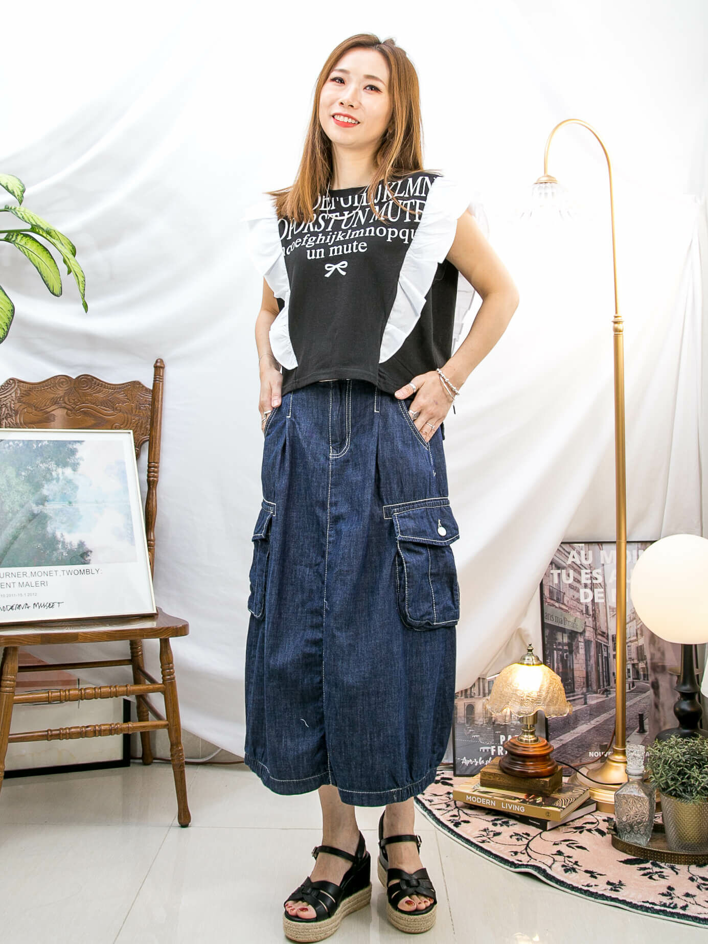 【summer sale】兩旁麻棉RUFFLE ‧ 英文字PRINT ‧ COTTON料TOP【2411-1314】（不設退換）