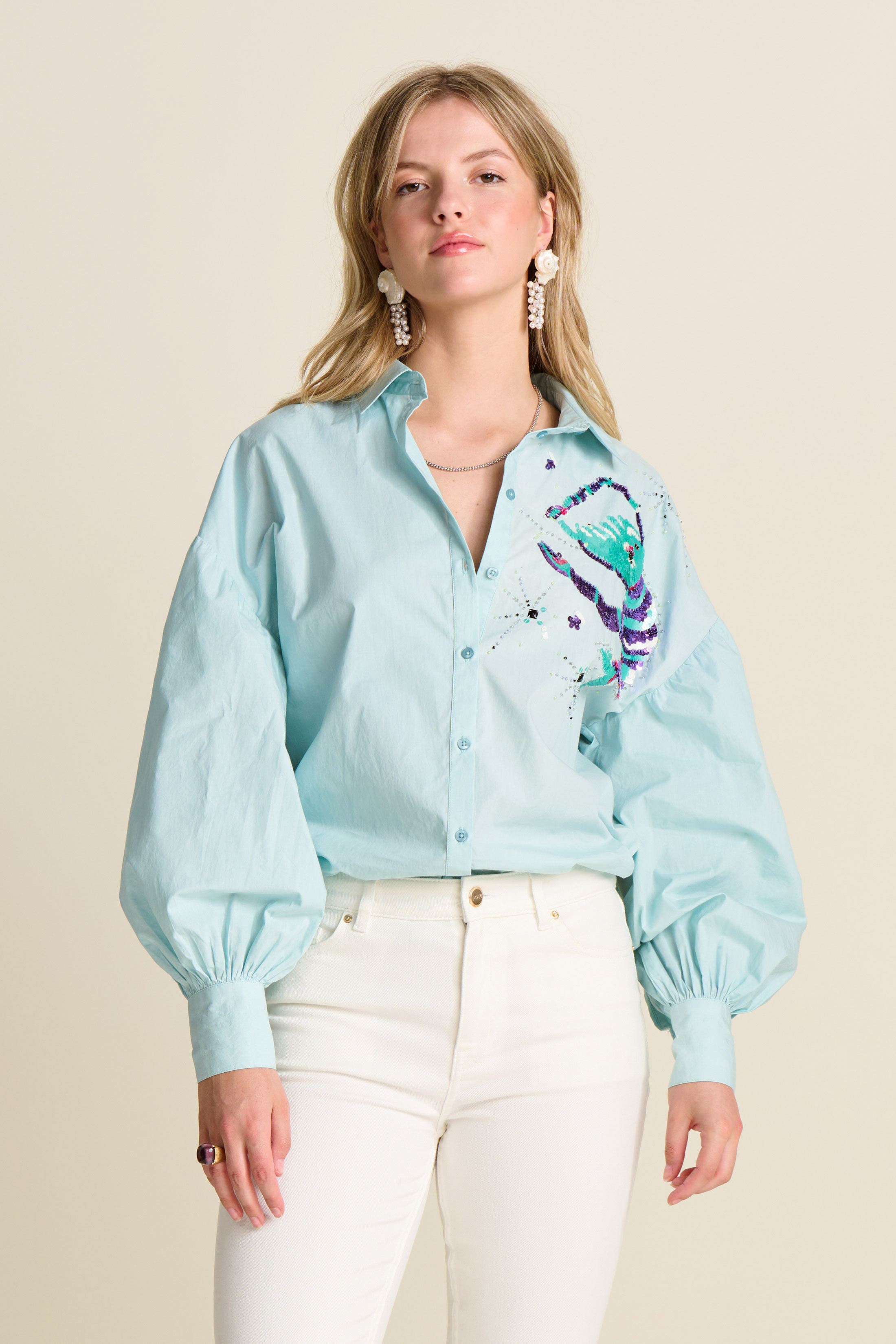 POM 刺繡亮片泡泡袖恤衫