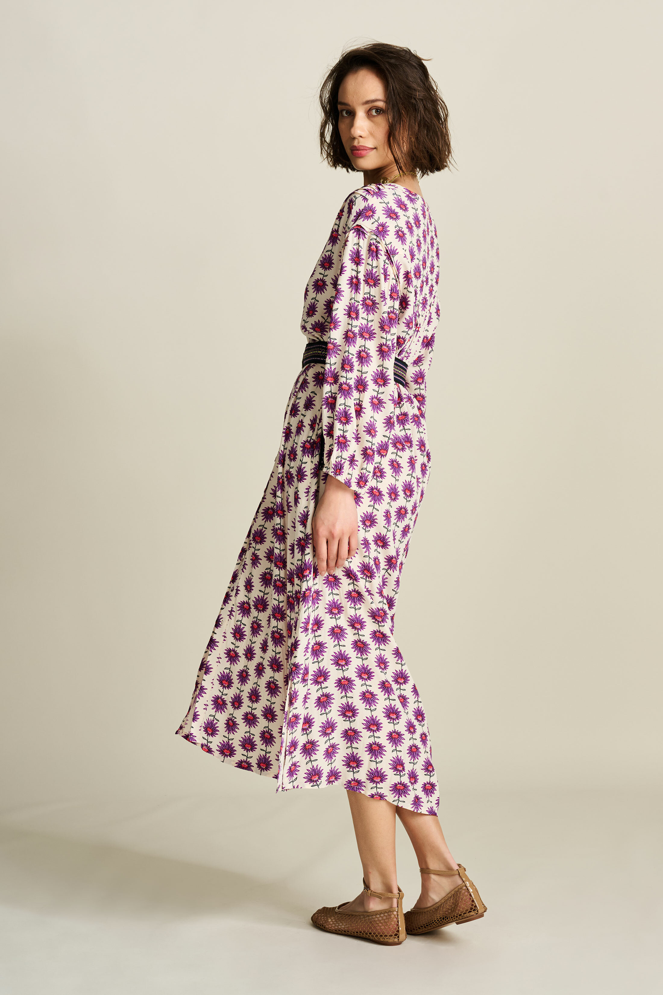 POM 花卉印花配套腰帶連身裙