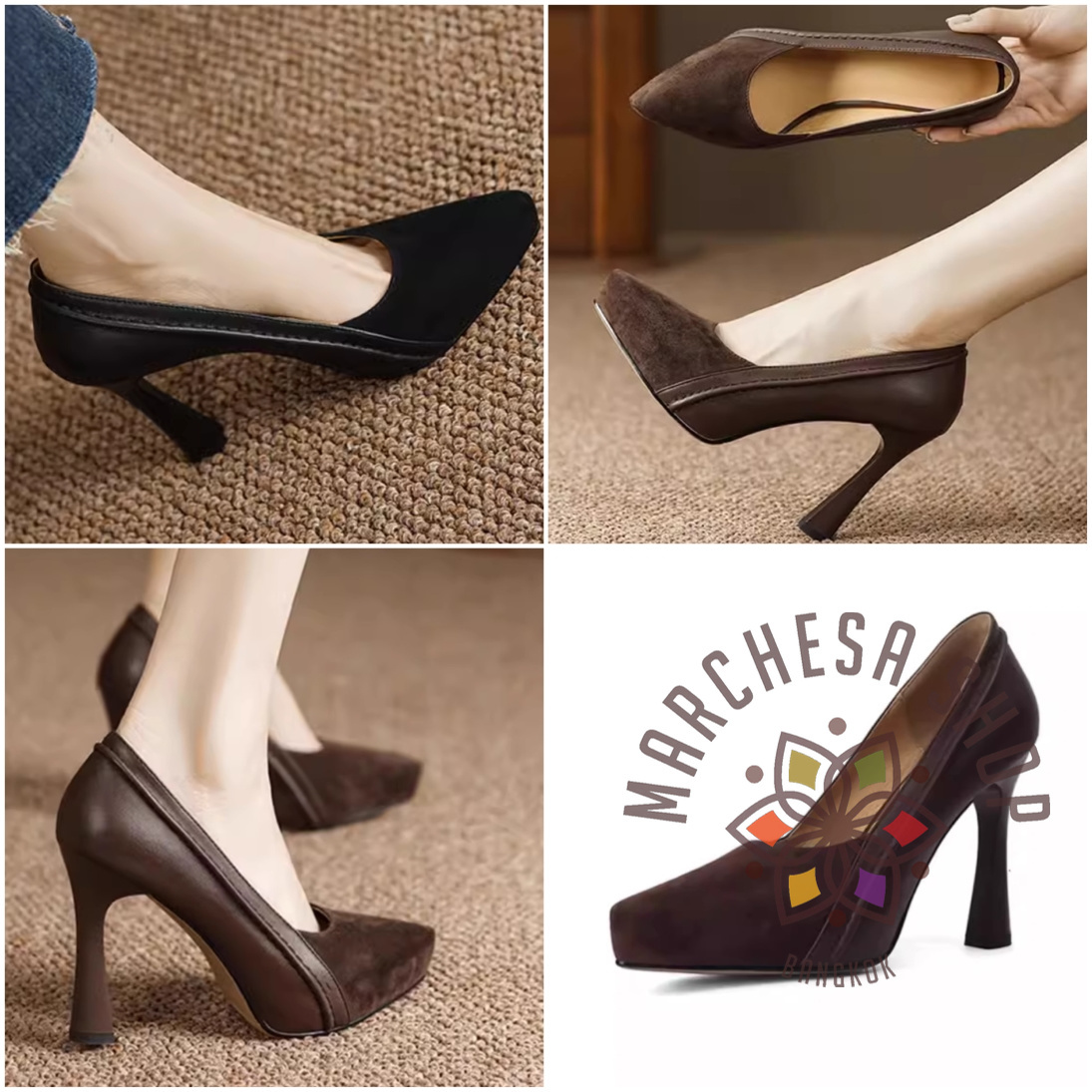 S3127 - 真皮羊猄拼皮純色防水台尖頭高踭鞋