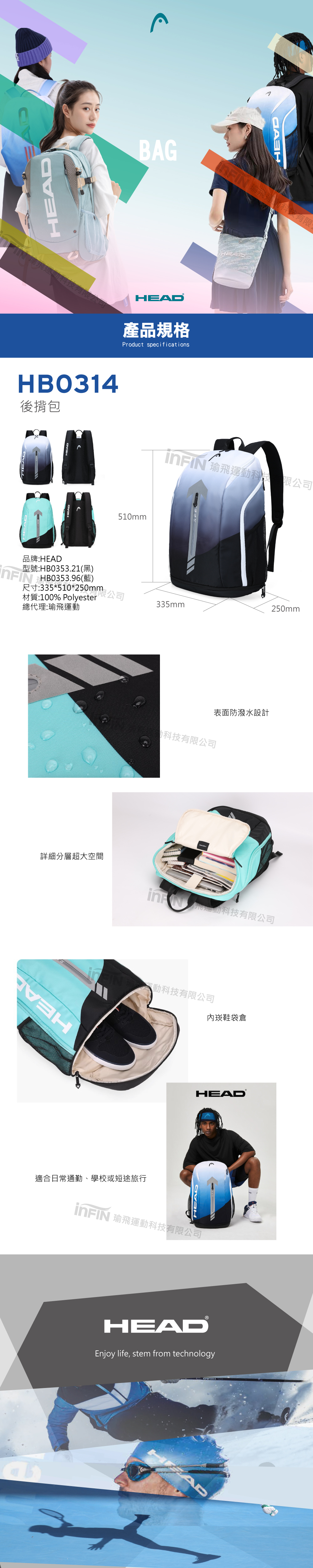 HEAD 後揹包 HB0353.21(黑)、HB0353.96(藍)