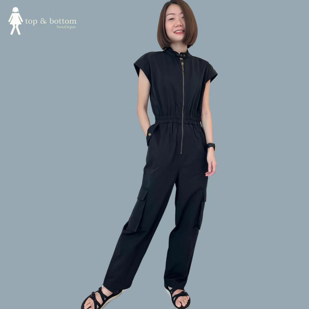 HIGH NECK ZIPPED & POCKET LONG CARGO JUMPSUIT