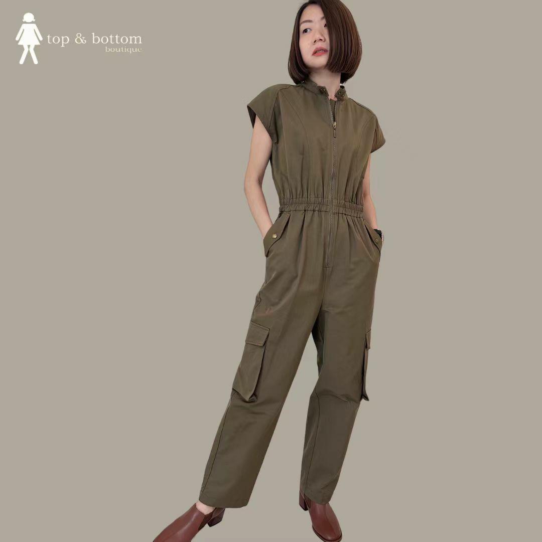 HIGH NECK ZIPPED & POCKET LONG CARGO JUMPSUIT