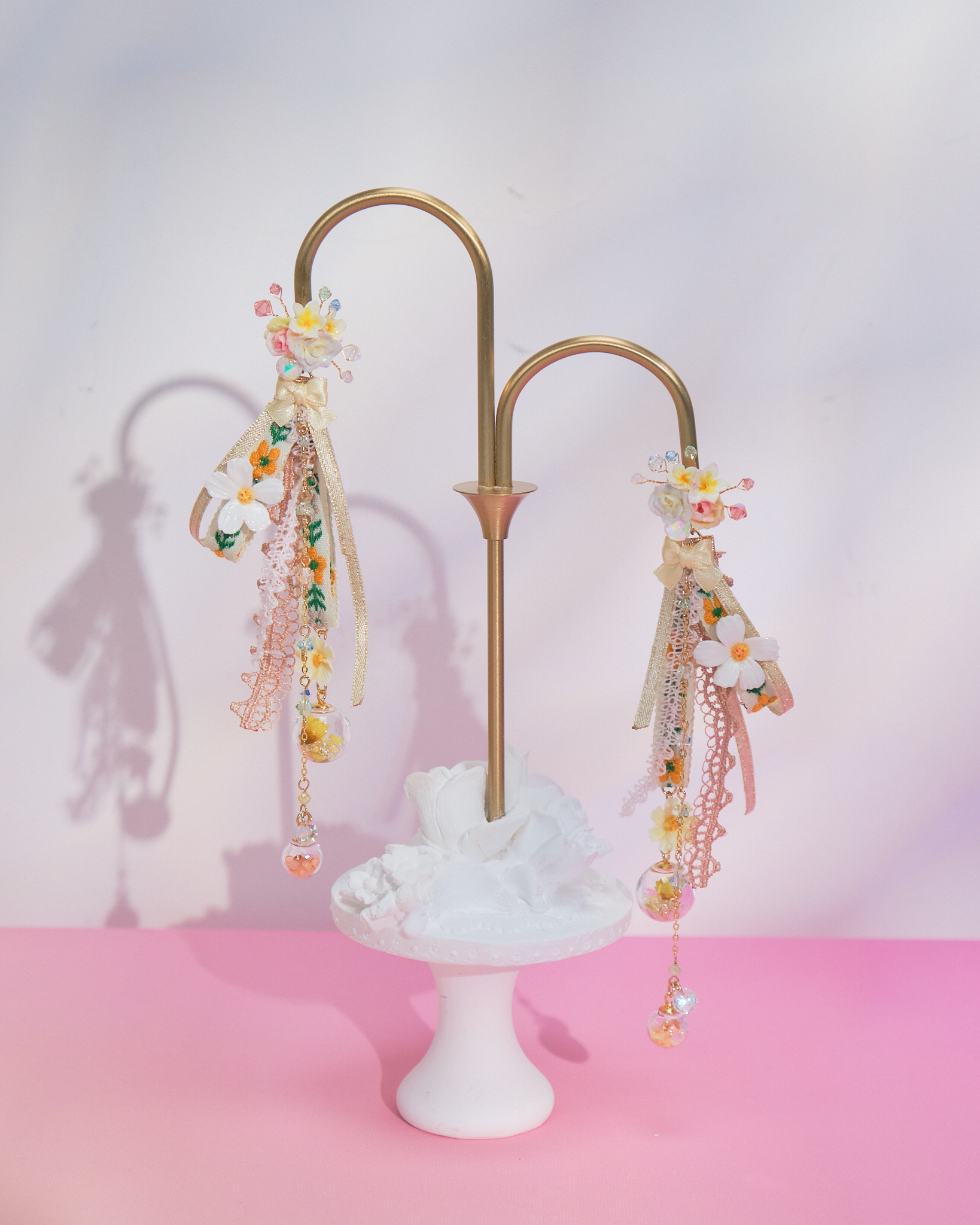 10923 Summer Big Flower Ribbon 2-Way Long Earrings