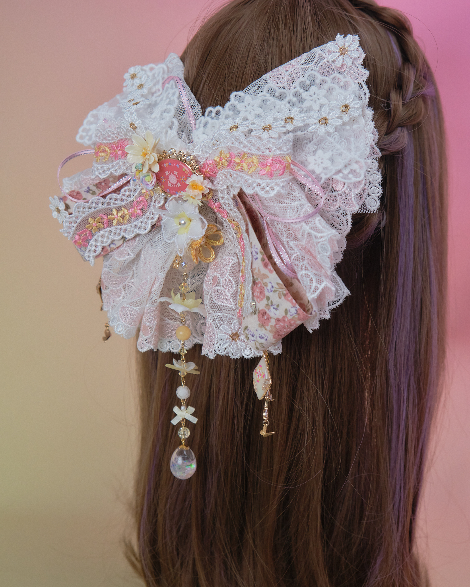 11016 Layered Embroidery Laced Ribbon Hair Clip