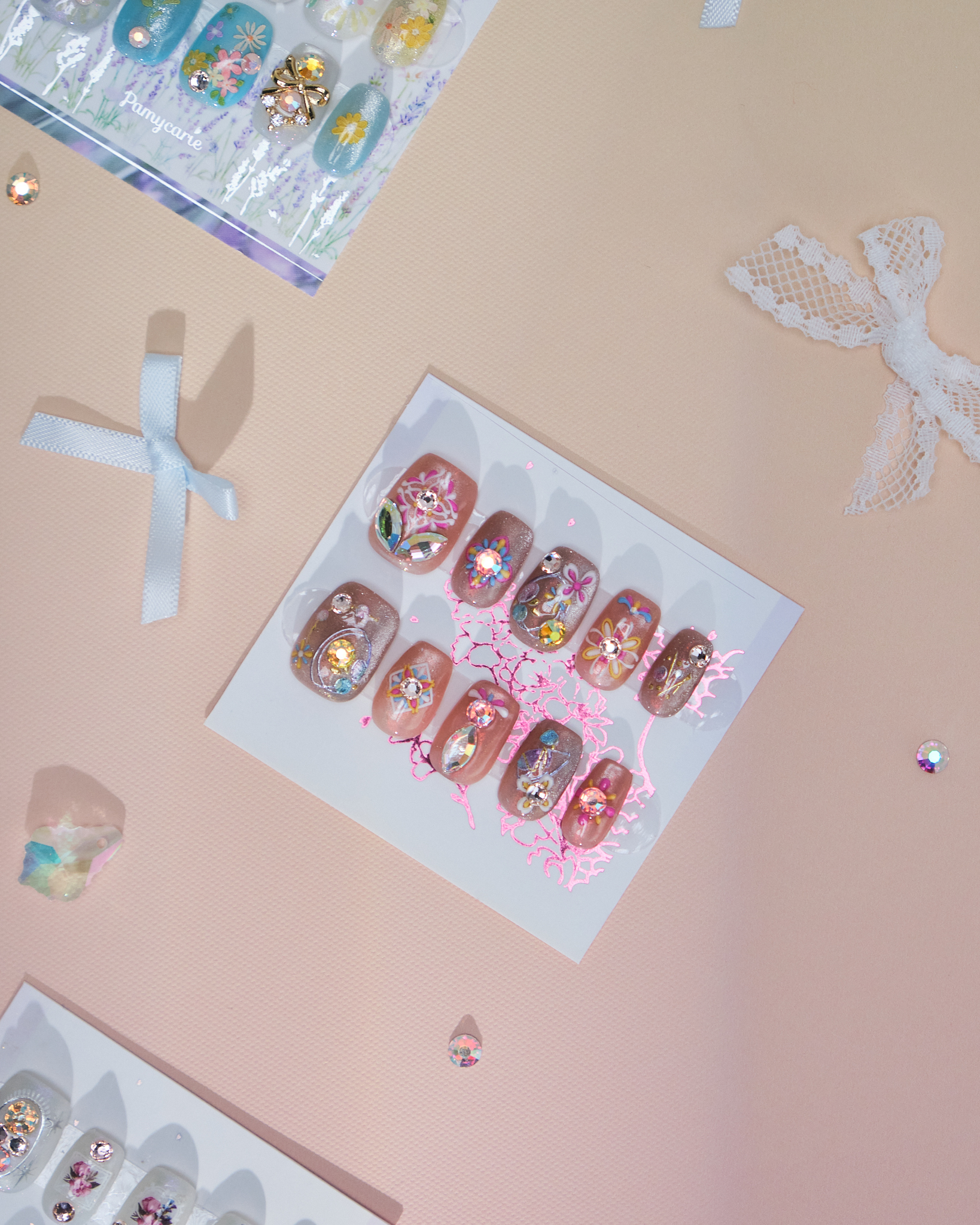 11041 Gem Flower Painting Press On Nails (Reusable)