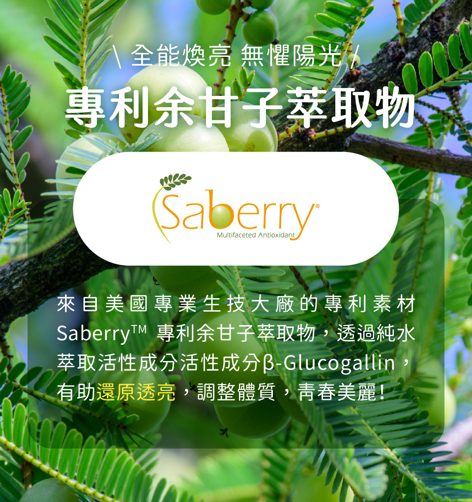 美白膠囊添加了專利余甘子萃取物，幫助肌膚淨白透亮，全能煥白，無懼陽光！