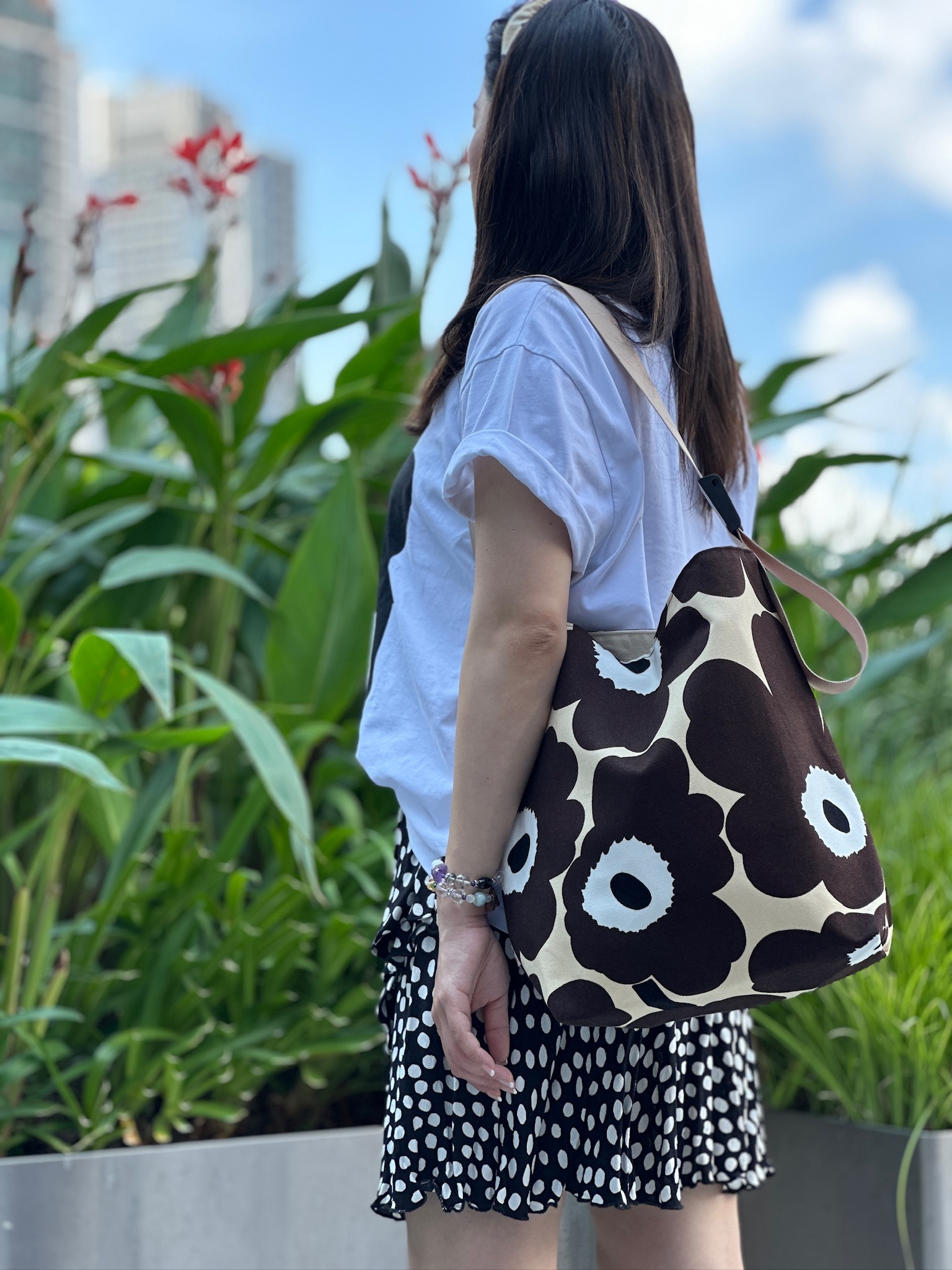 Easy Shoulder Tote | Marimekko rare canvas fabric | Brown x light yellow unikko