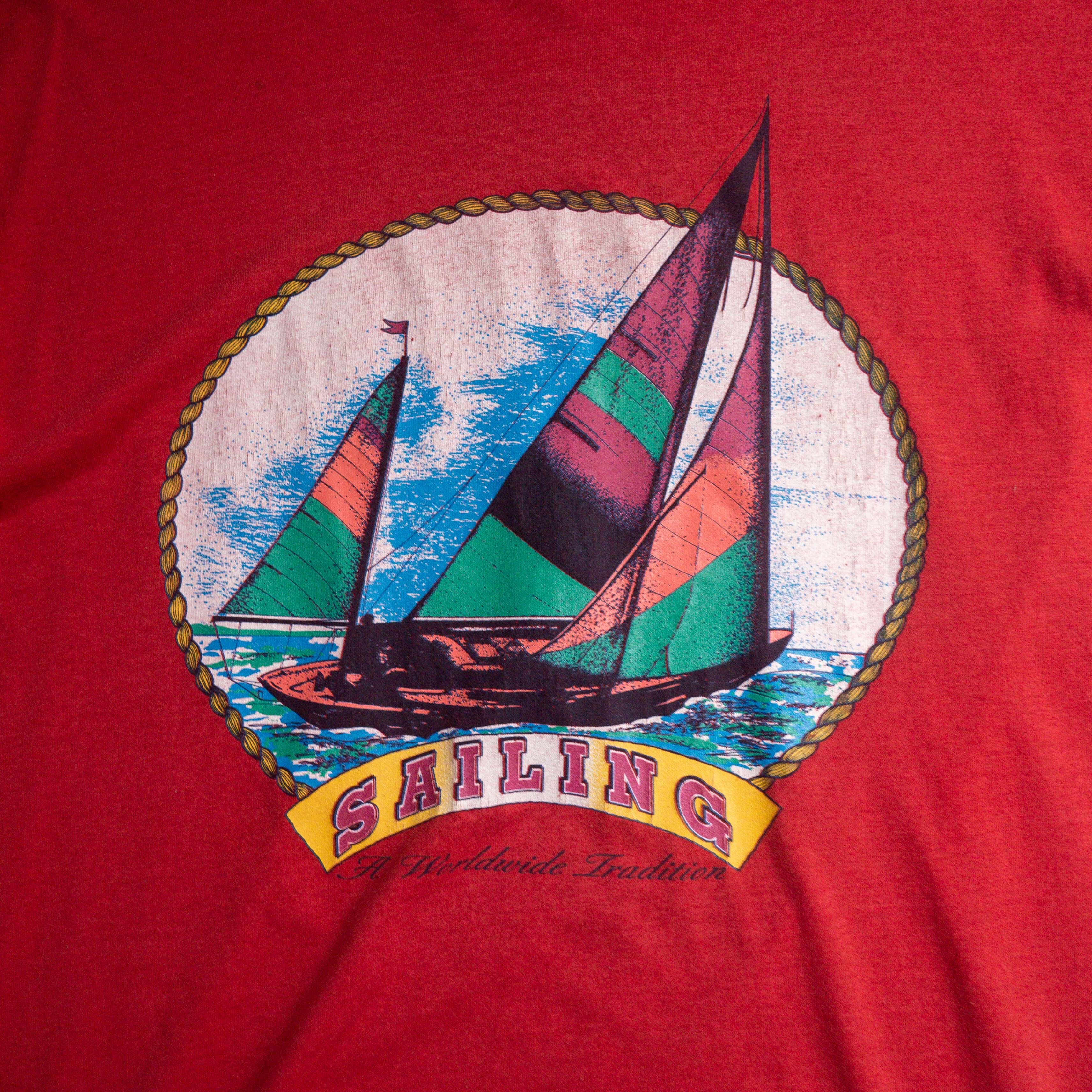 80-90S VINTAGE TEE 美國製 紅色 帆船 風帆 圖案 短袖 T恤