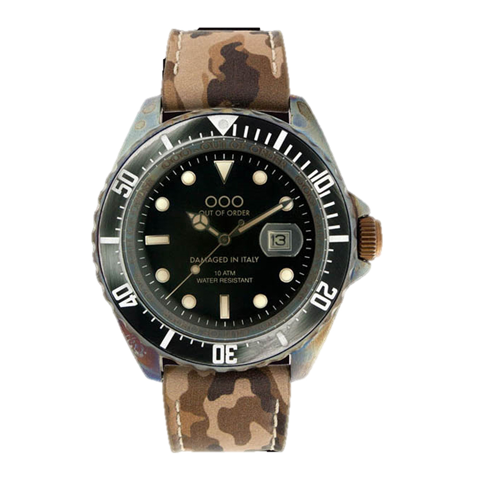 【OUT OF ORDER】帶日期 水鬼款 迷彩 親膚皮革 夜光腕錶 (附質感雷雕刻字木盒)