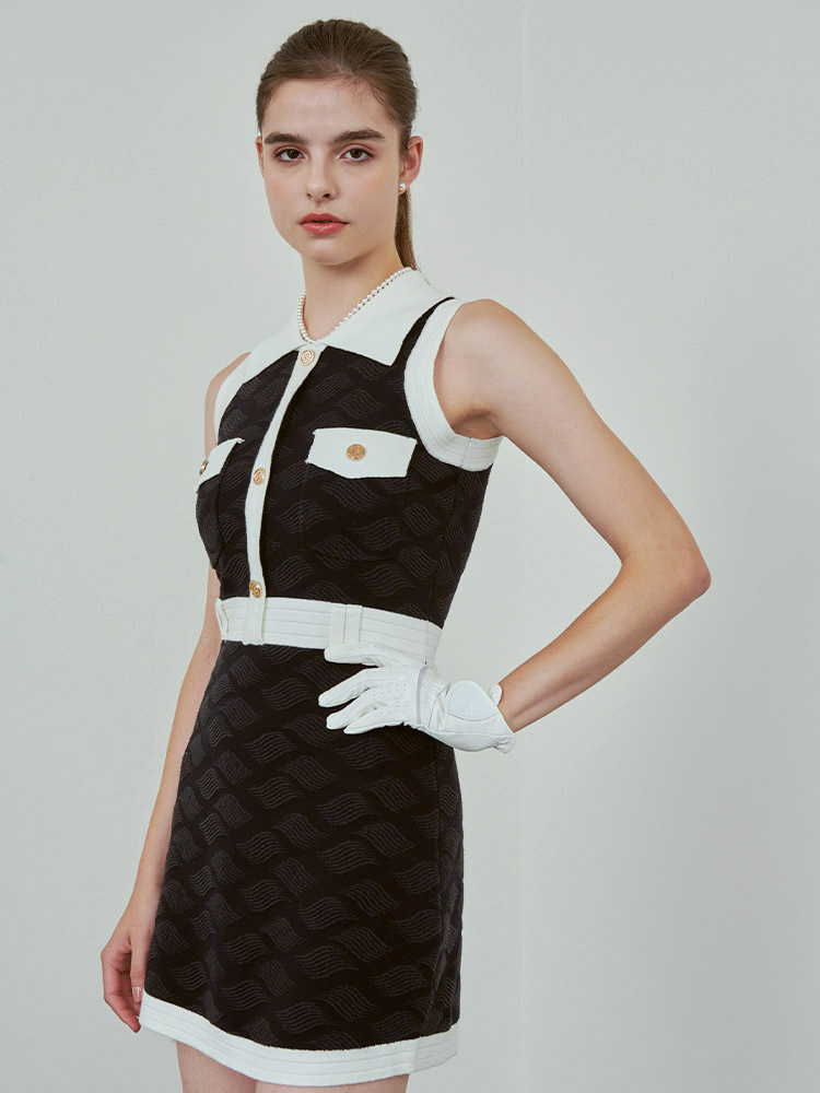 海浪提花針織連身裙-黑色