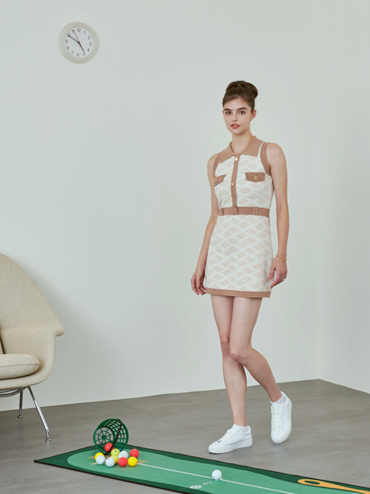 海浪提花針織連身裙-米色