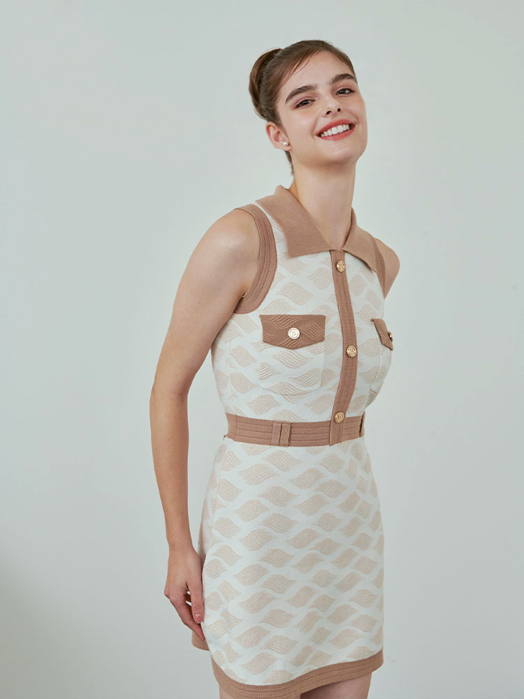 海浪提花針織連身裙-米色