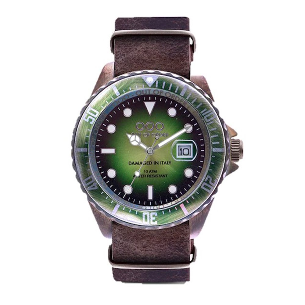 【OUT OF ORDER】天蠍座系列 帶日期 水鬼款 親膚皮革 夜光腕錶 (附質感雷雕刻字木盒)