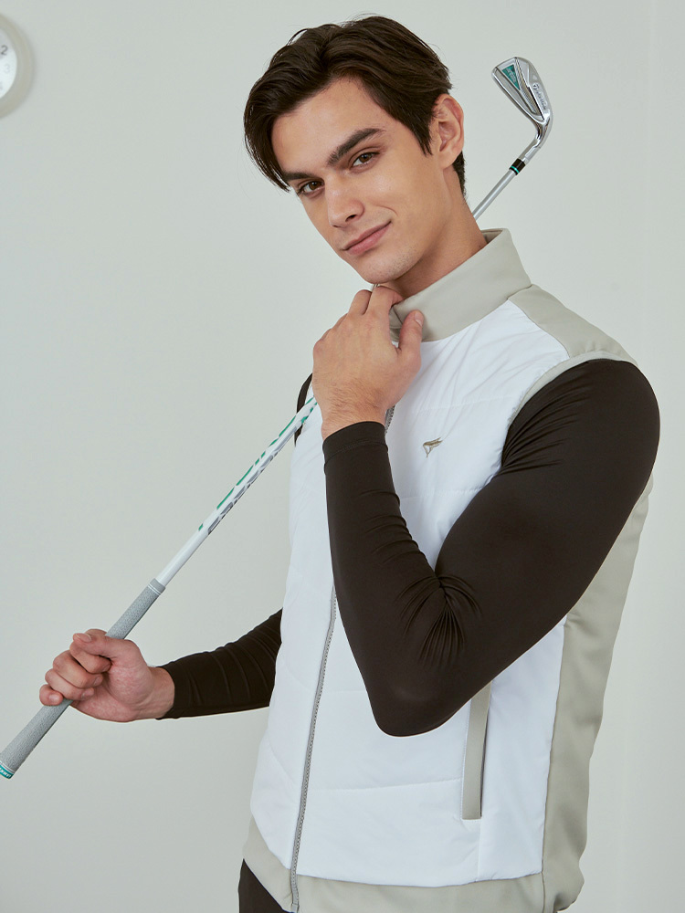 男版鋪棉拼接背心-暖白/卡其灰