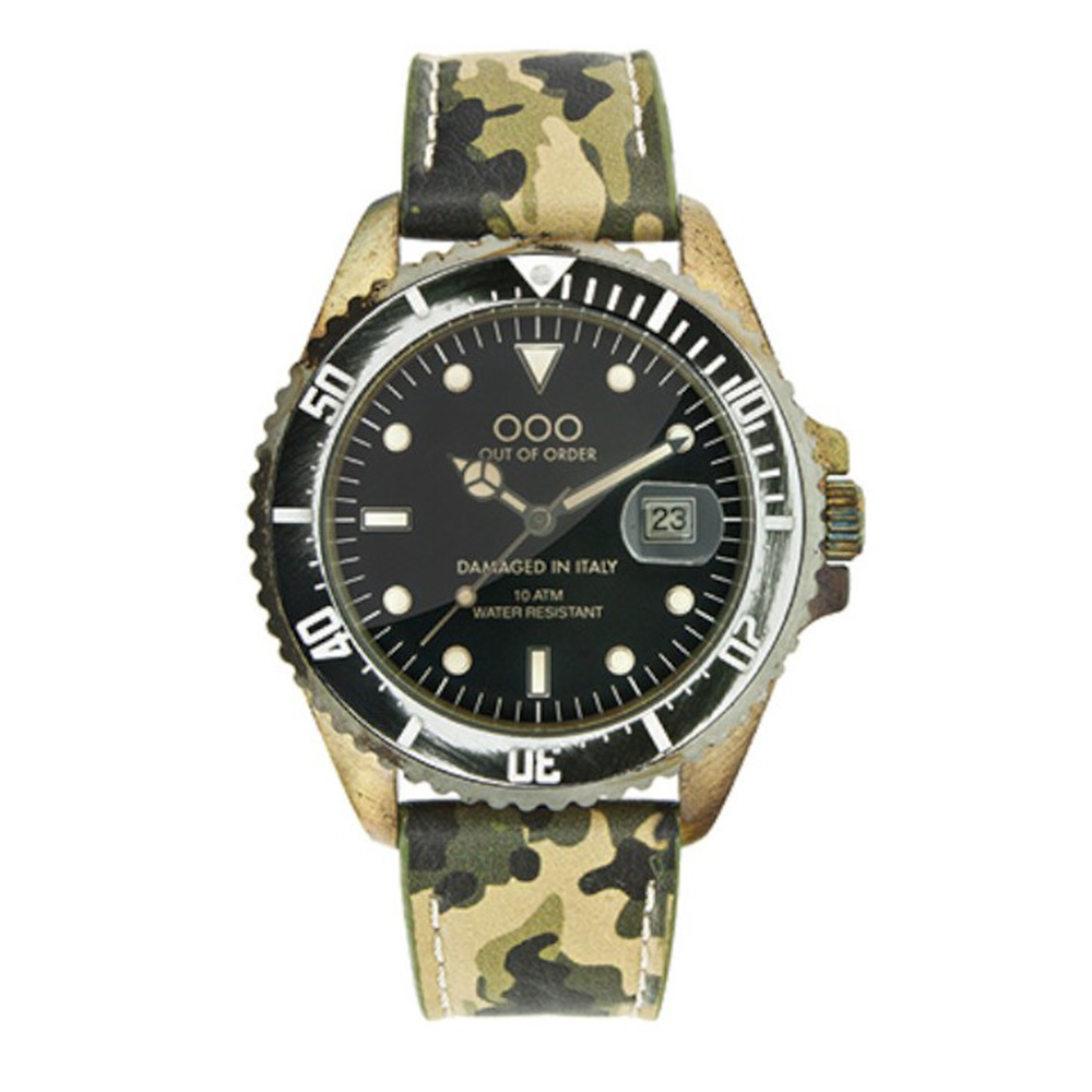 【OUT OF ORDER】帶日期 水鬼款 迷彩 親膚皮革 夜光腕錶 (附質感雷雕刻字木盒)