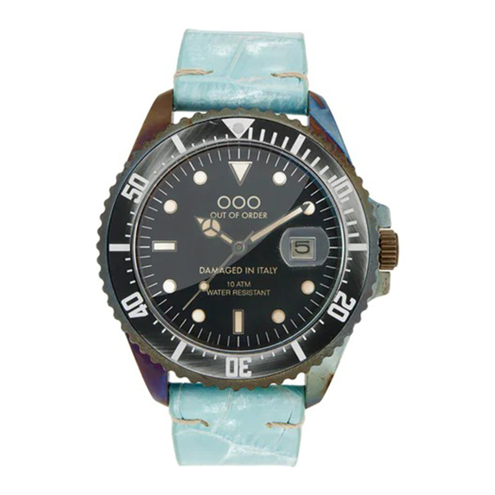 【OUT OF ORDER】帶日期 水鬼款 迷彩 親膚皮革 夜光腕錶 (附質感雷雕刻字木盒)
