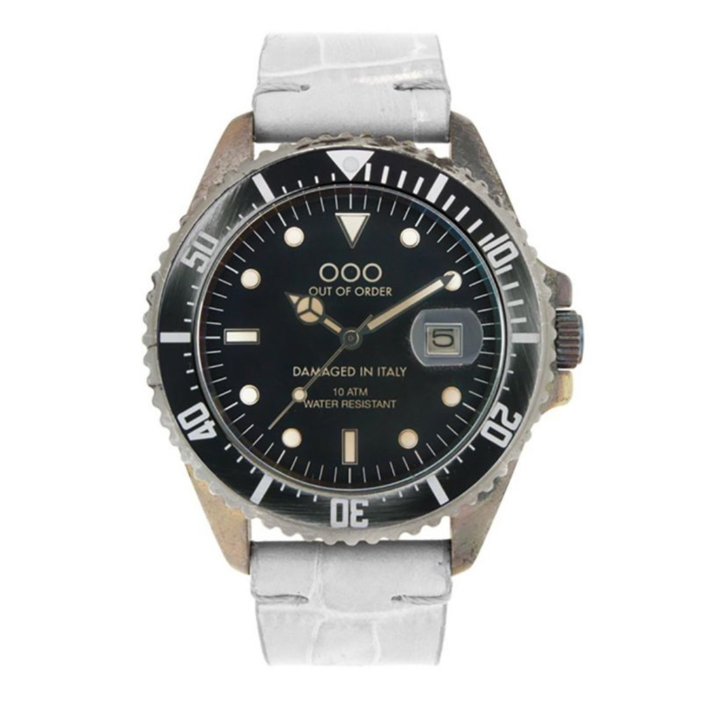 【OUT OF ORDER】帶日期 水鬼款  親膚皮革 夜光腕錶 (附質感雷雕刻字木盒)