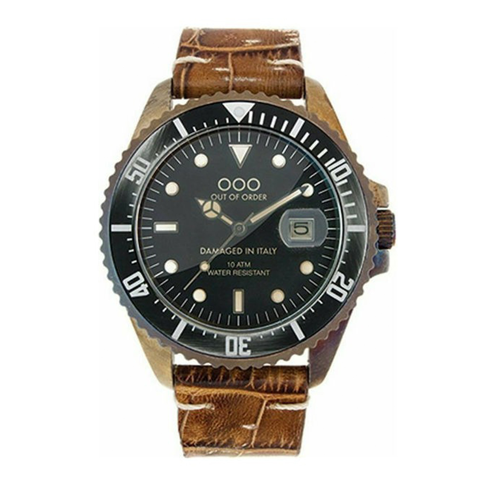 【OUT OF ORDER】OOO.001-2.CC.MA* 義大利製 潛水皮革錶｜夜光刻度・日期顯示・單向旋轉錶圈・防水100米 (附質感雷雕刻字木盒)