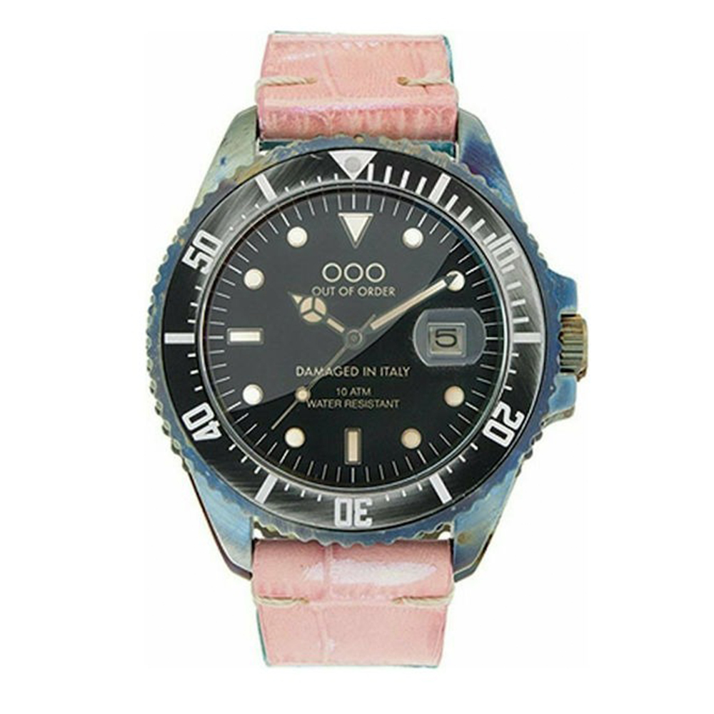 【OUT OF ORDER】OOO.001-2.CC.RO* 義大利製 潛水皮革錶｜夜光刻度・日期顯示・單向旋轉錶圈・防水100米 (附質感雷雕刻字木盒)