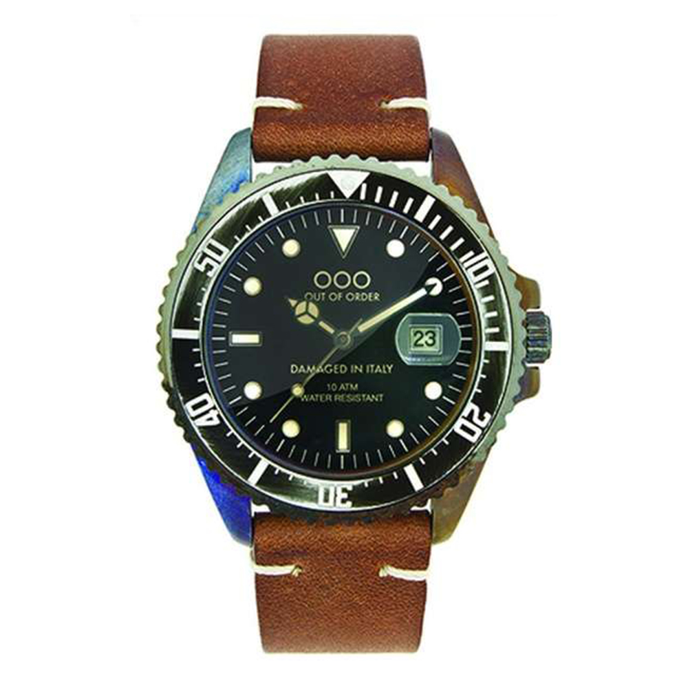 【OUT OF ORDER】OOO.001-2.MS Scorpione* 天蠍座系列 潮流潛水皮革錶｜夜光刻度・日期顯示・單向旋轉錶圈・防水100米 (附質感雷雕刻字木盒)