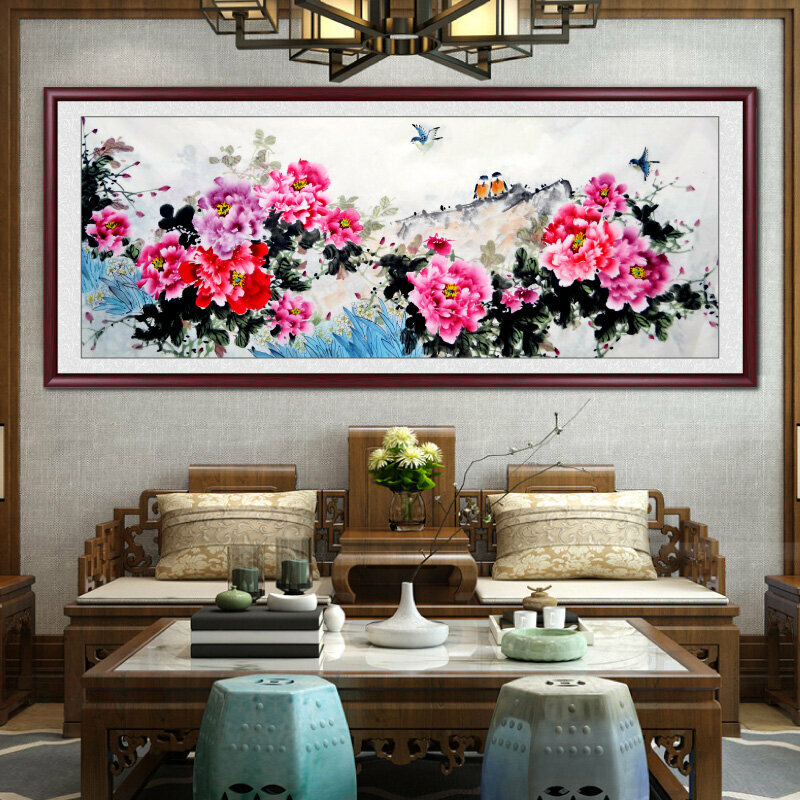 新款客廳裝飾畫掛畫(帶框尺寸：228*88cm 牡丹圖-4 複刻噴繪+紅褐色實木框)