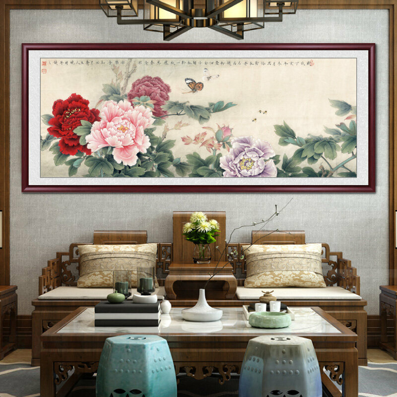 新款客廳裝飾畫掛畫(帶框尺寸：228*88cm 牡丹圖-8 複刻噴繪+紅褐色實木框)