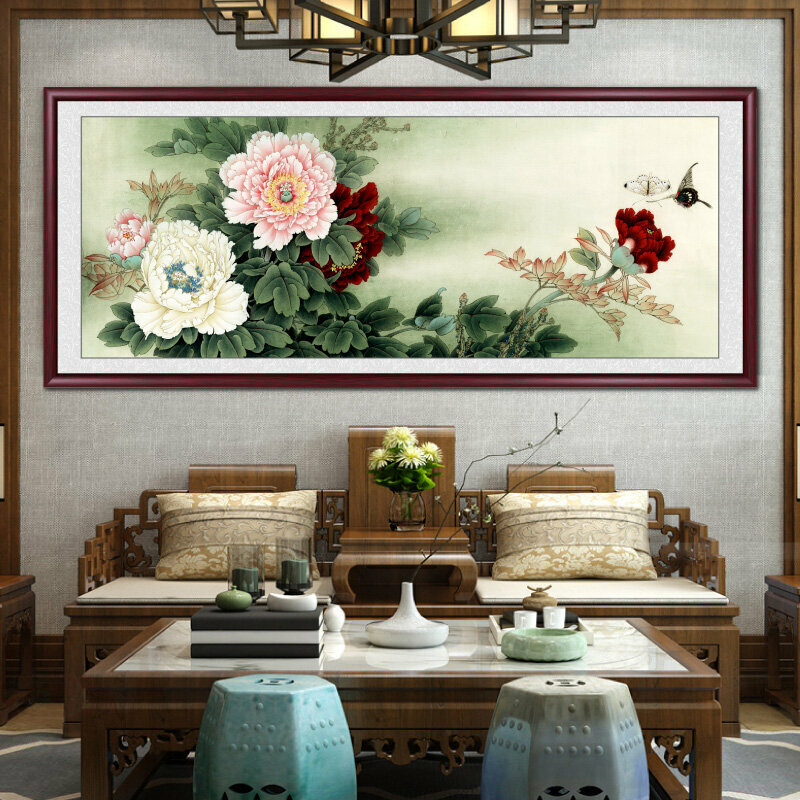 新款客廳裝飾畫掛畫(帶框尺寸：238*98cm 牡丹圖-7 複刻噴繪+紅褐色實木框)